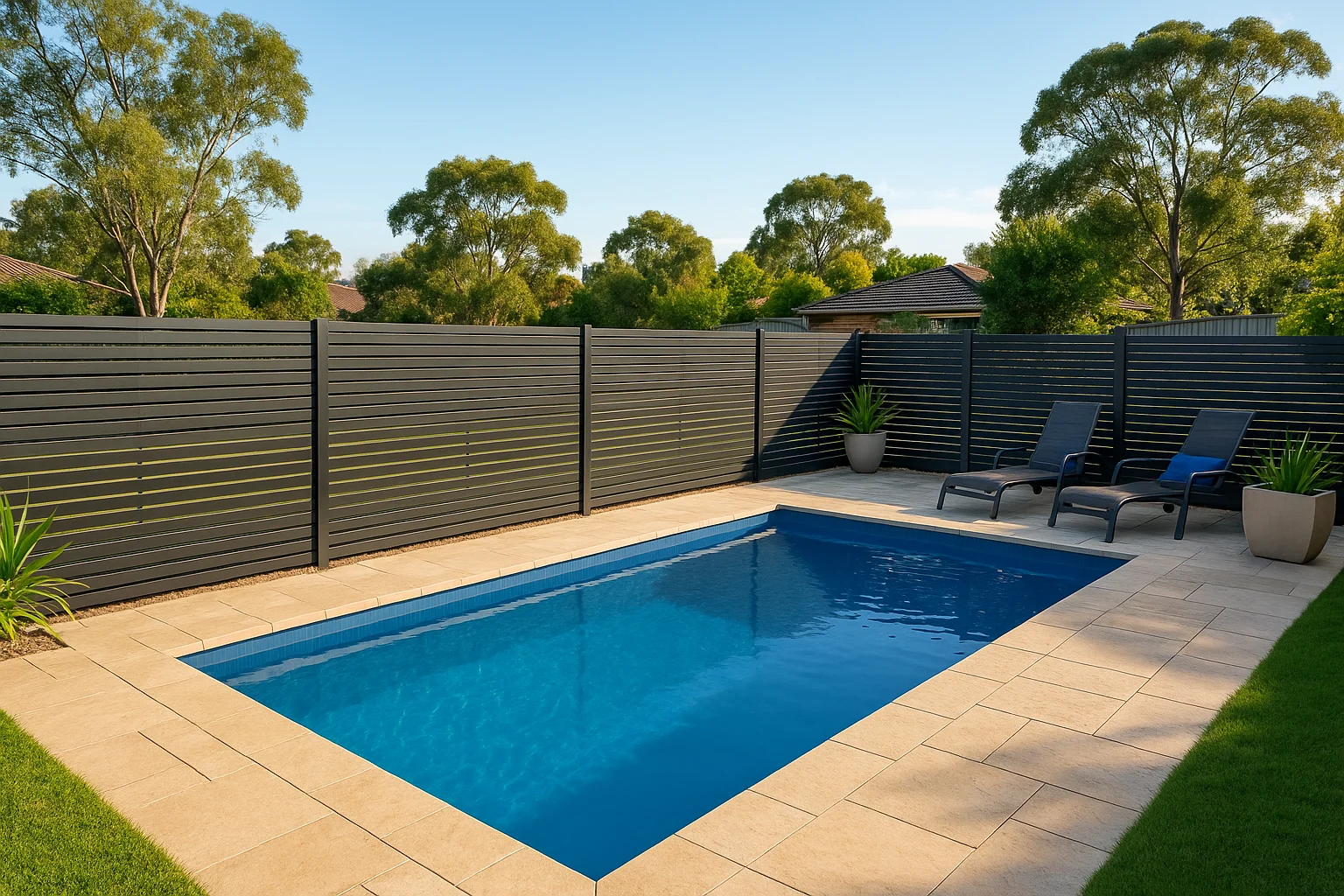 Modern aluminum slat pool fencing in Australian backyard - durable and low maintenance