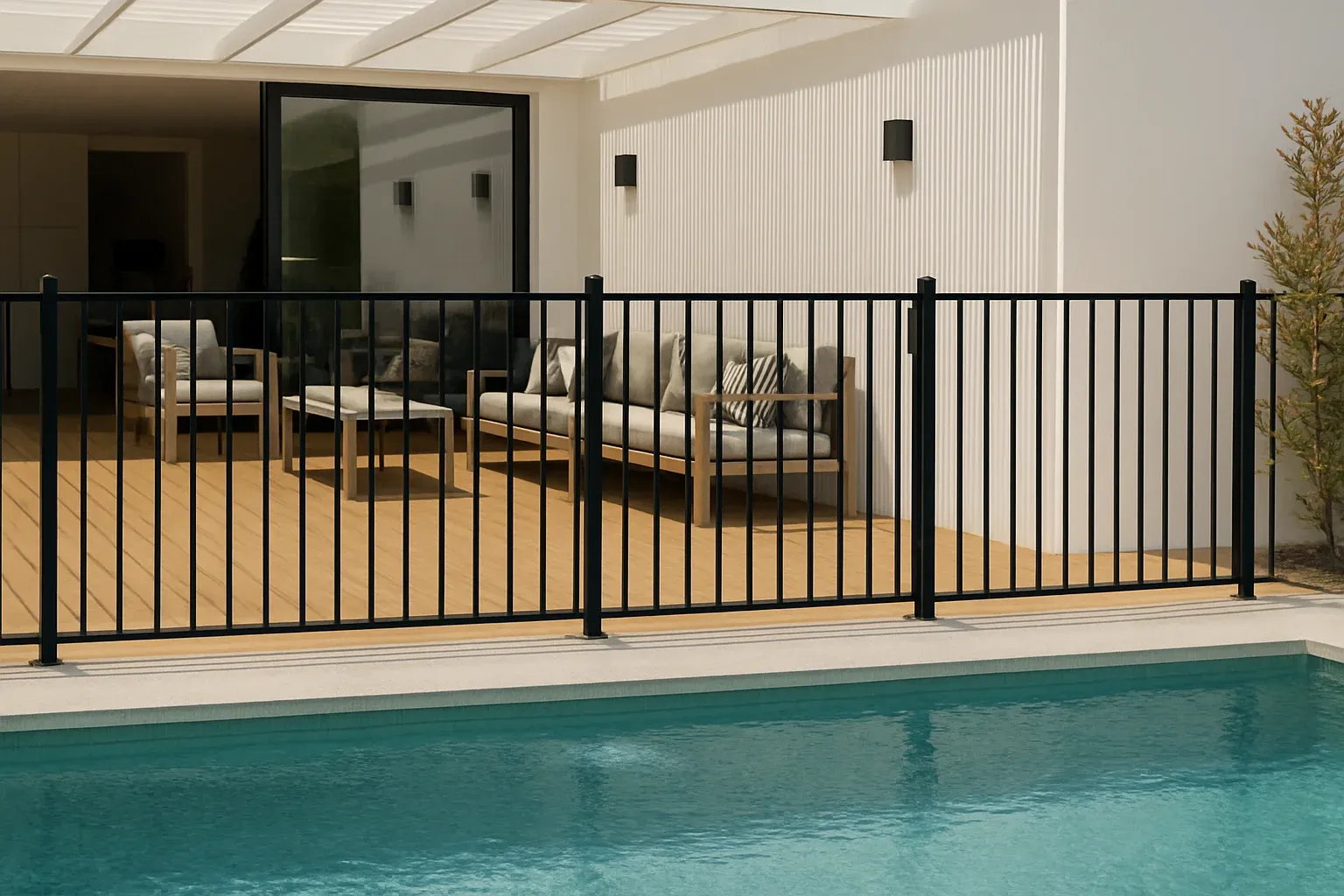 Tubular steel pool fencing near a swimming pool in Brisbane
