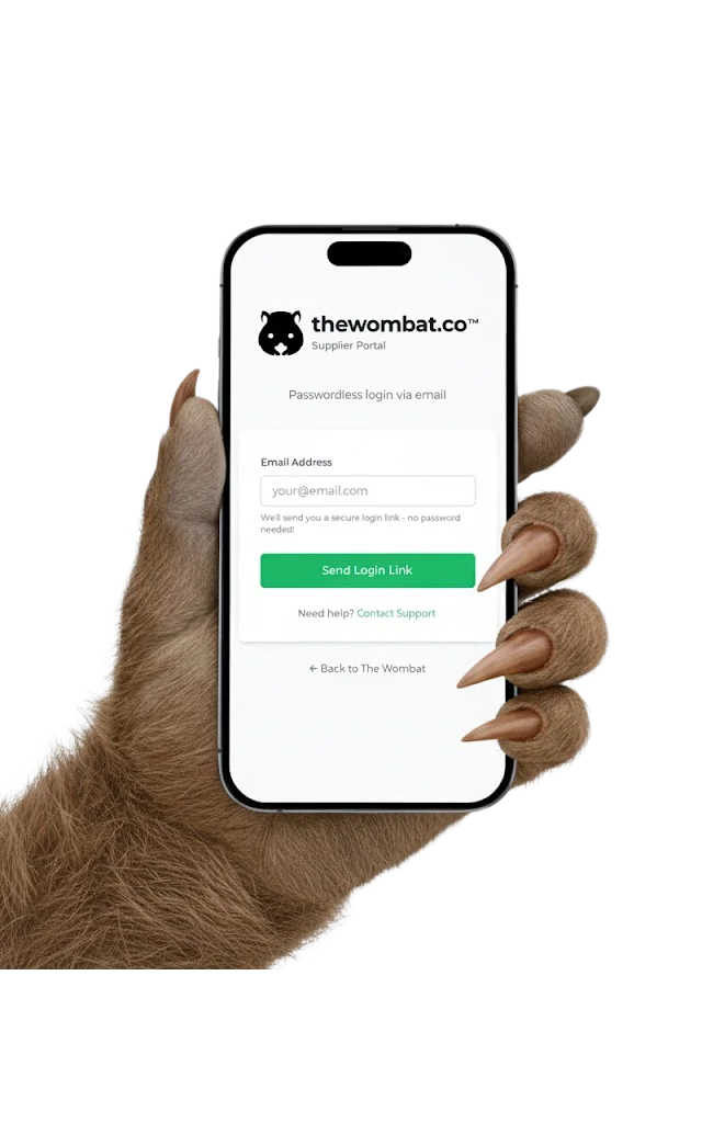The Wombat™ Supplier Portal on mobile device showing passwordless login