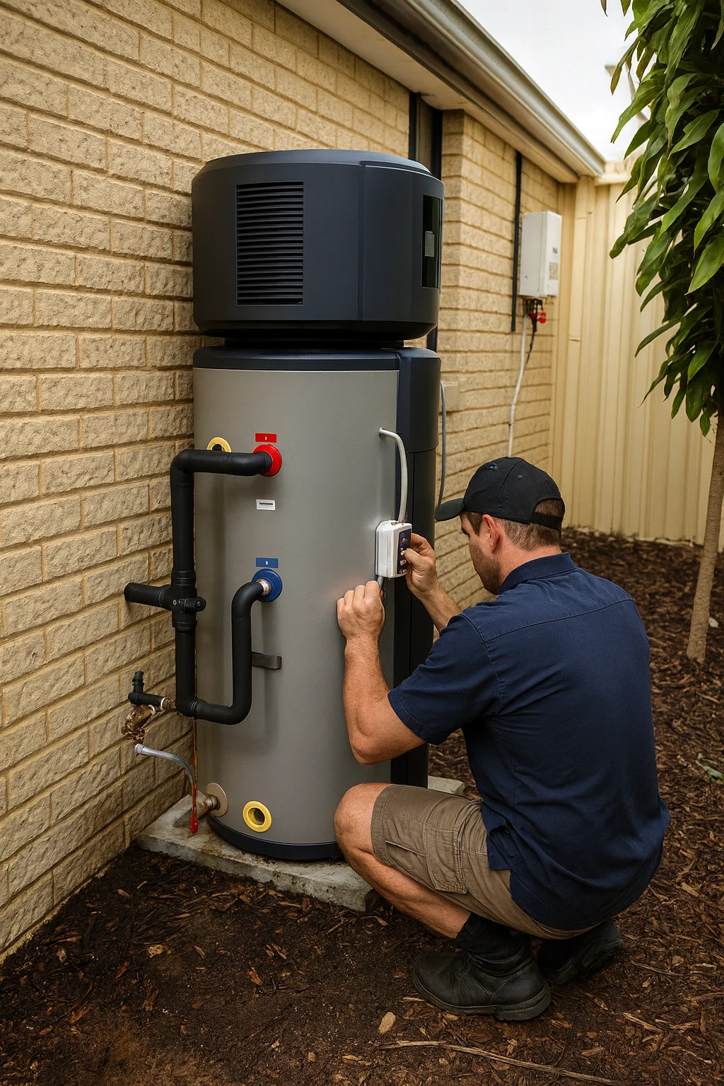 Heat pump hot water system professionally installed at residential home in Perth